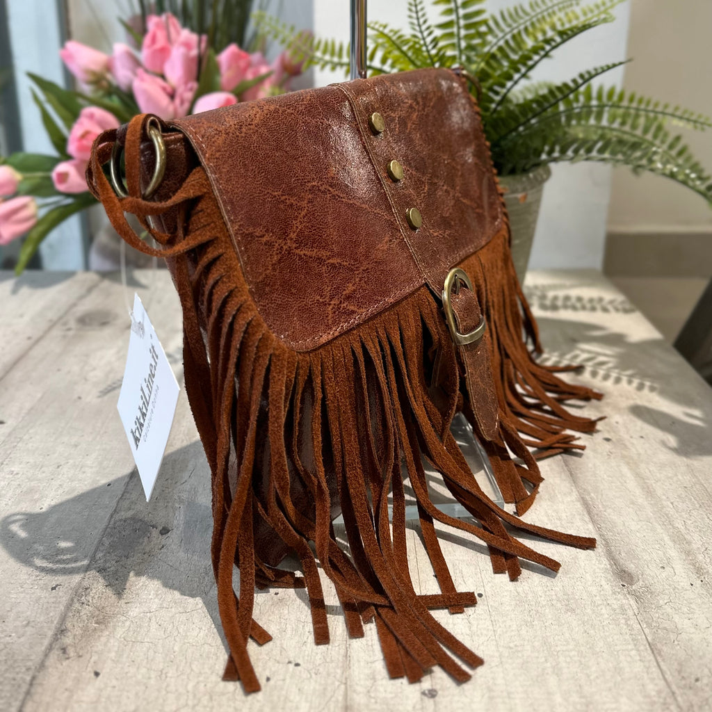 Borsa Borsetta Native Vera Pelle effetto Vintage Frange Con Tracolla Cognac - 3