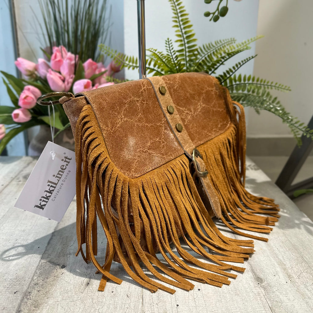 Borsa Borsetta Native Vera Pelle effetto Vintage Frange Con Tracolla Cuoio - 2