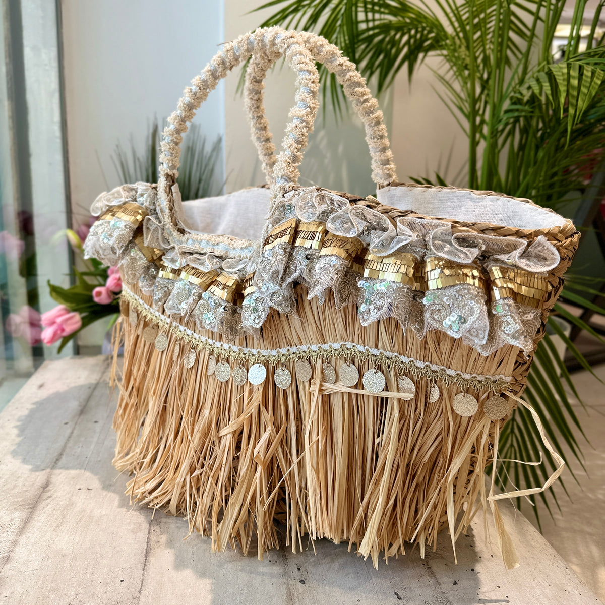 Borsa In Paglia Con Perle E Strass TRIXES SPOSA - Elegante Regalo Per Addio Al Nubilato - 2