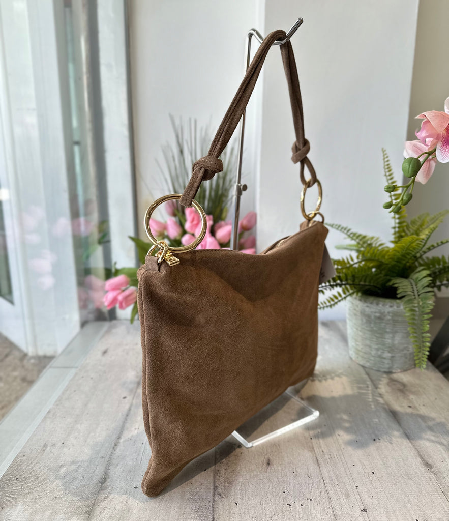 Borsa a Spalla in Vera Pelle Scamosciata con Anelli Shopping Bag Taupe MILVA - 3