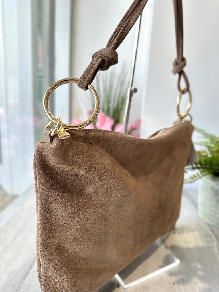 Borsa a Spalla in Vera Pelle Scamosciata con Anelli Shopping Bag Taupe MILVA - 2