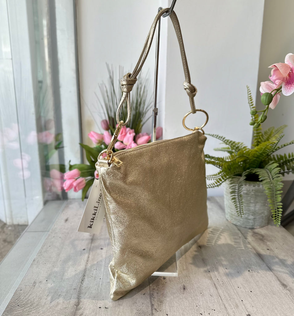 Borsa a Spalla in Vera Pelle con Anelli Dorati Shopping Bag Platino a Sacchetto - 2
