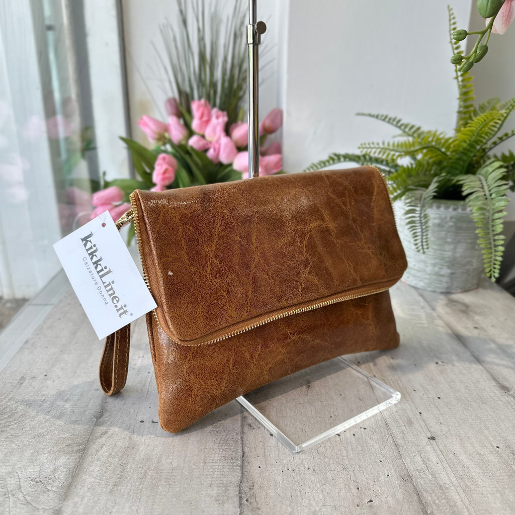 Clutch a Mano Borsa VERA PELLE effetto Vintage Cuoio GINEVRA tracolla all'interno - 2