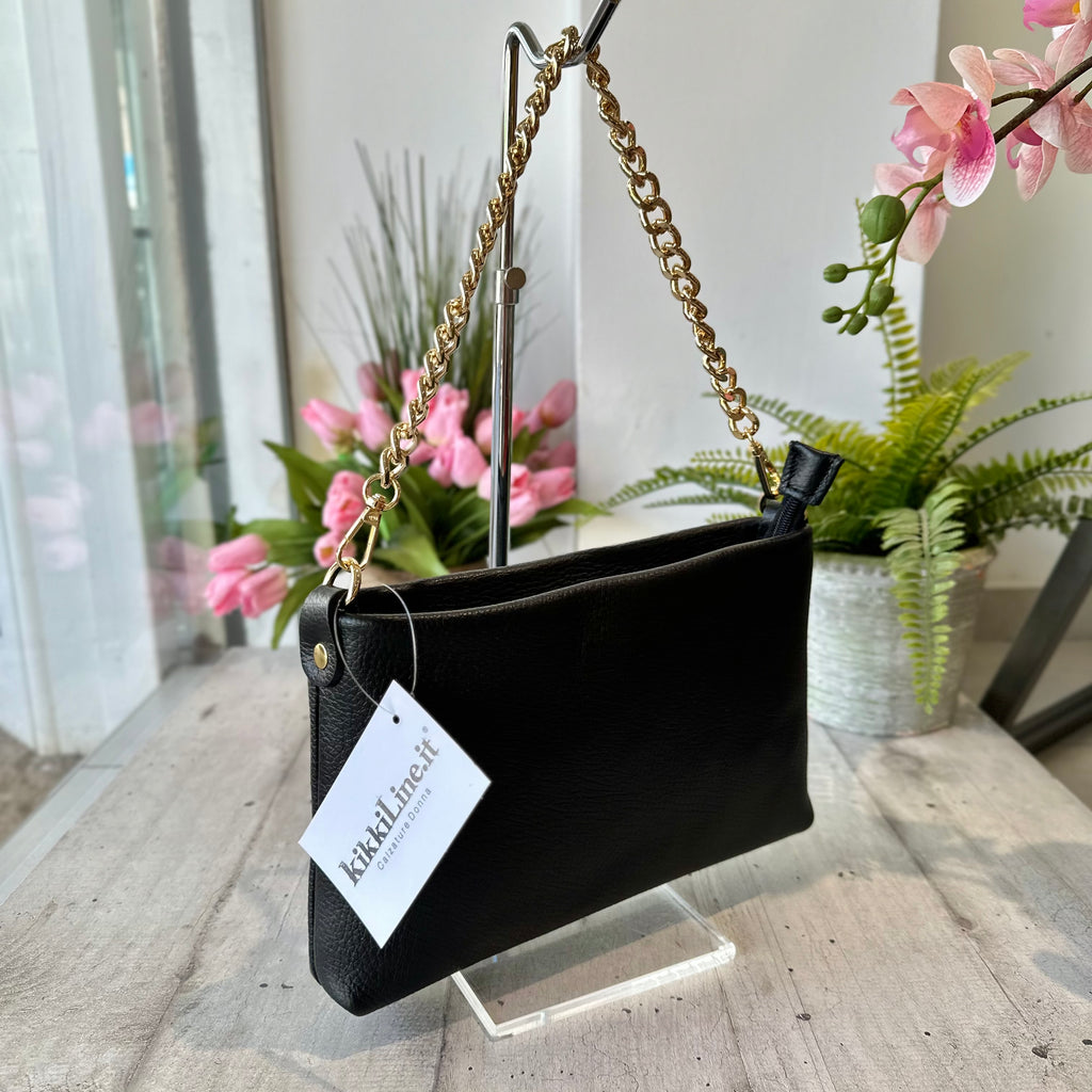 Borsa Nera in Vera Pelle Battuta con Zip a Spalla Catena e Tracolla Interna VITTORIA - 2