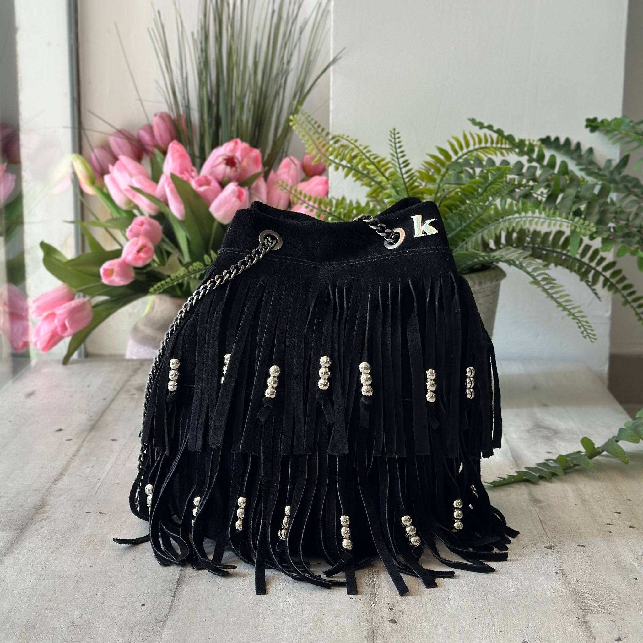 Bucket Bag with Leather Fringes in Suede