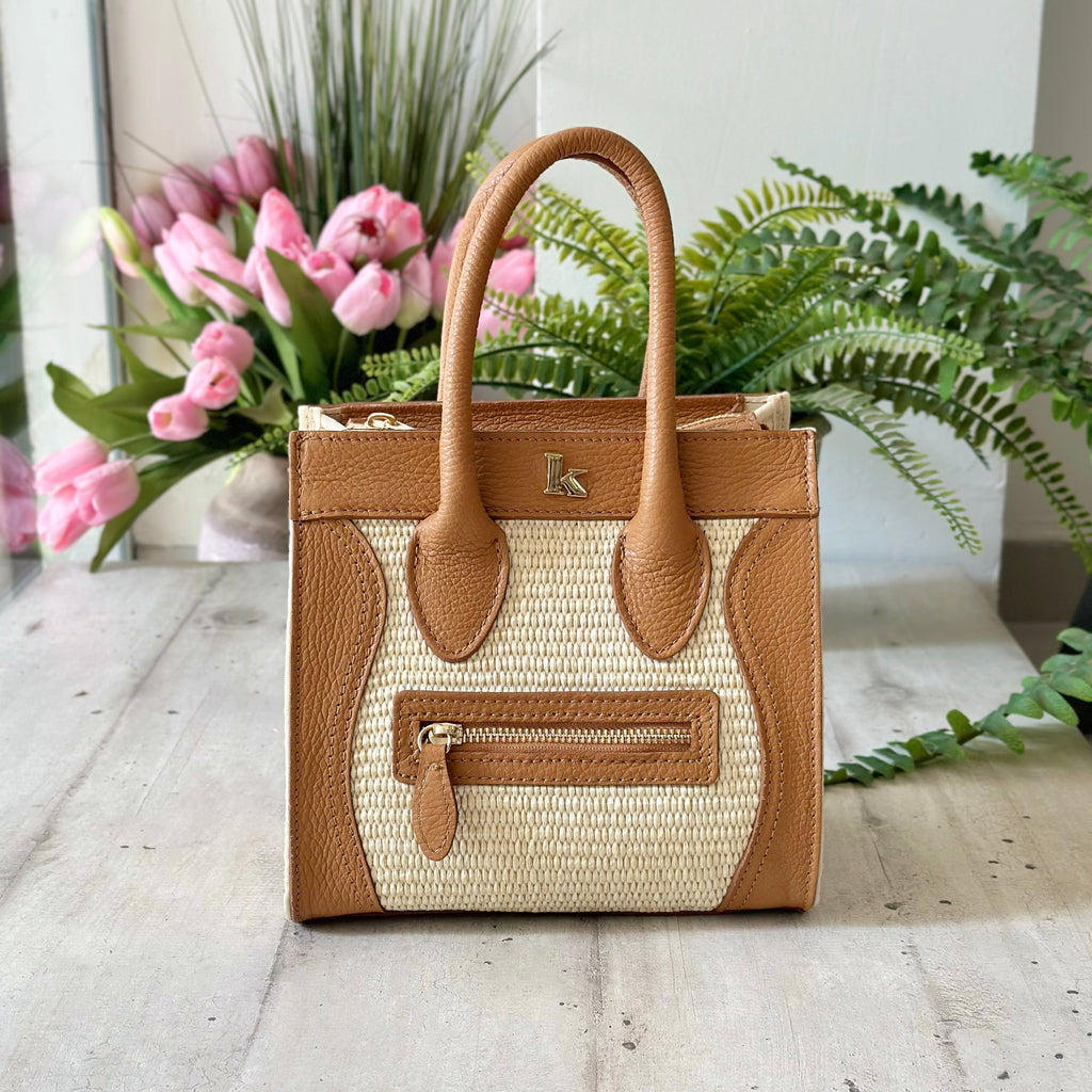 Borsa a Mano in Rafia e Pelle Marrone con Taschino Anteriore - 2