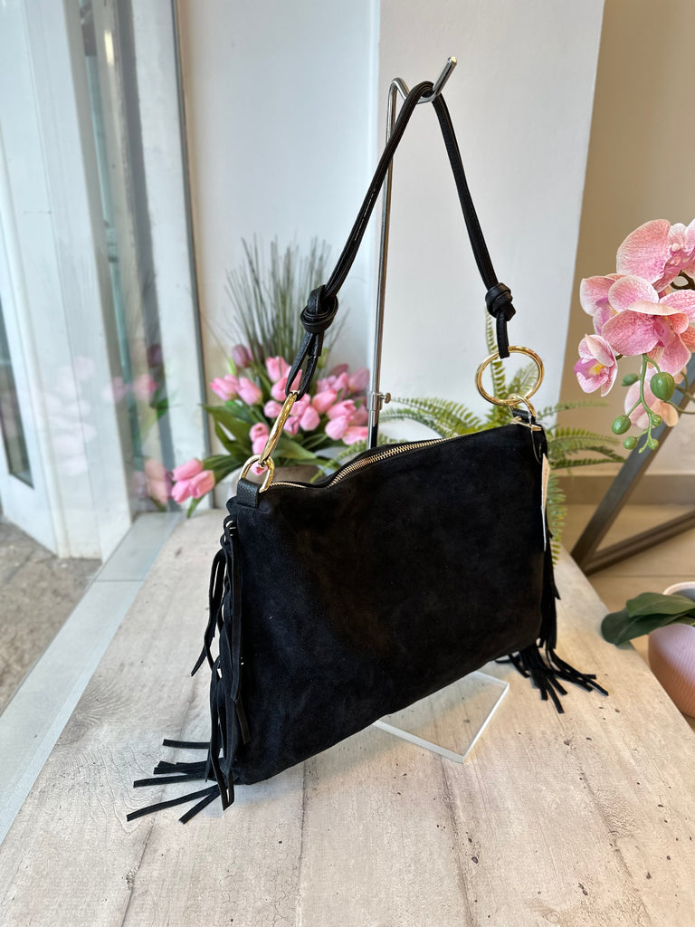 Borsa Grande con Frange e Anelli Dorati Vera Pelle Scamosciata Nera - 2
