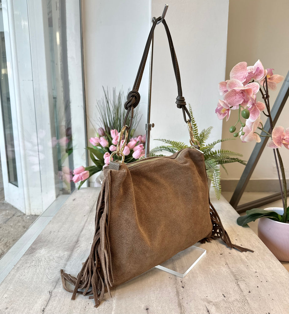 Borsa Grande con Frange e Anelli Dorati Vera Pelle Scamosciata Taupe - 2