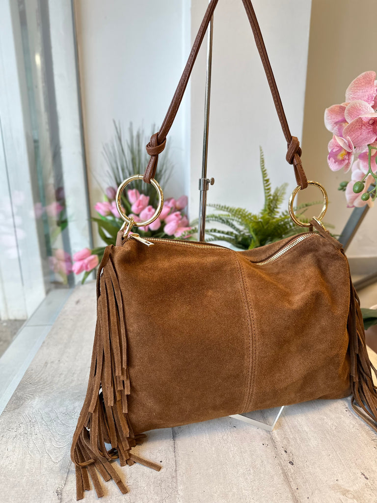 Large Suede Leather Bag with Fringes and Golden Rings – Cognac - 2