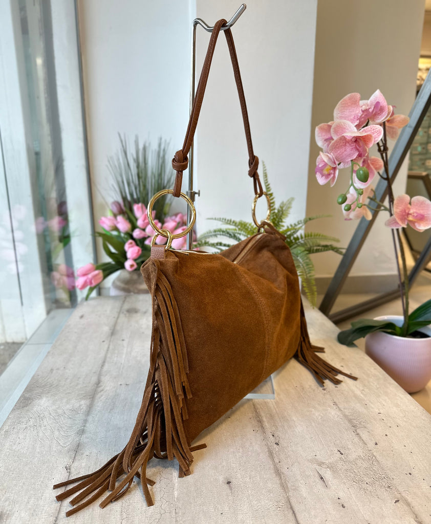 Large Suede Leather Bag with Fringes and Golden Rings – Cognac - 3