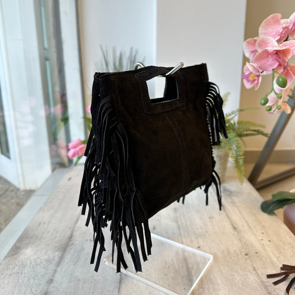 Petite Pochette Carrée à Main en Cuir Suédé Véritable Noir - 2