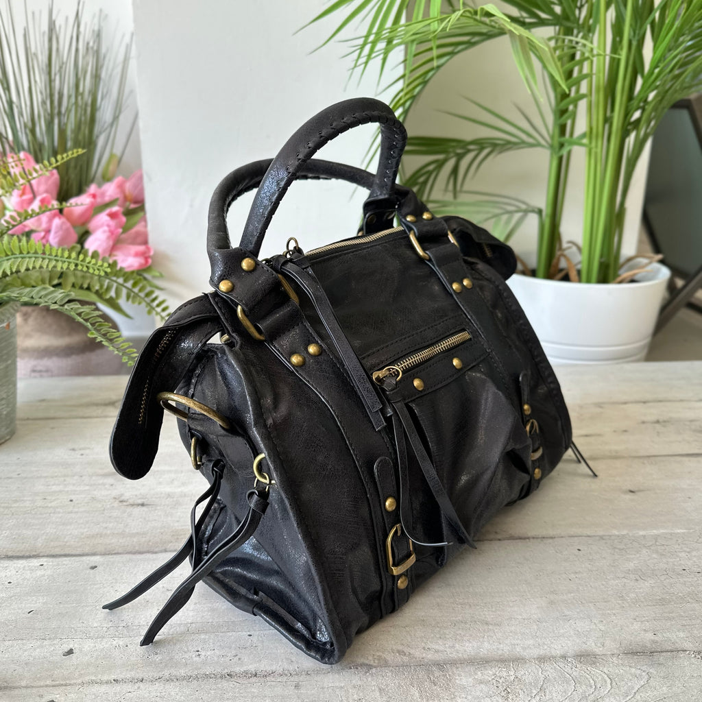Borsa Maxy color Nero Similpelle a Spalla con Tracolla Borchie e Zip Diletta - 2