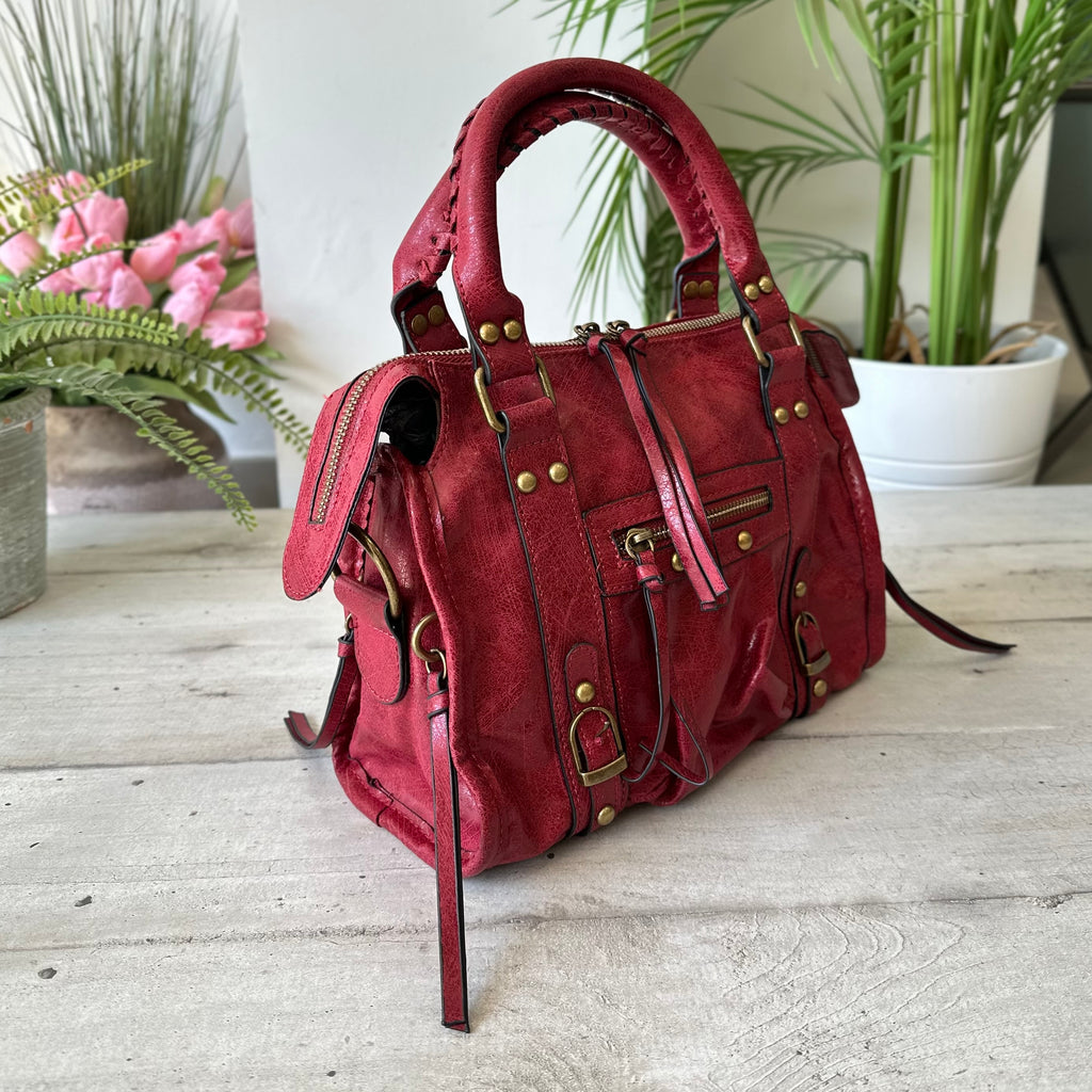 Borsa Maxy color Bordeaux Similpelle a Spalla con Tracolla Borchie e Zip Diletta - 2