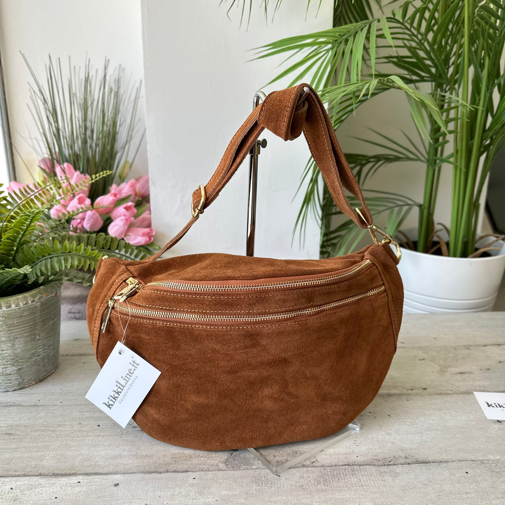 Grand Sac Banane en Cuir Suédé avec Fermeture Éclair Dorée – Noemi Cognac - 2