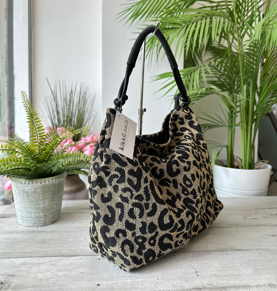 Shopping Bag a Spalla KikkiLine Tessuto Animalier Leopardato Nero - 2