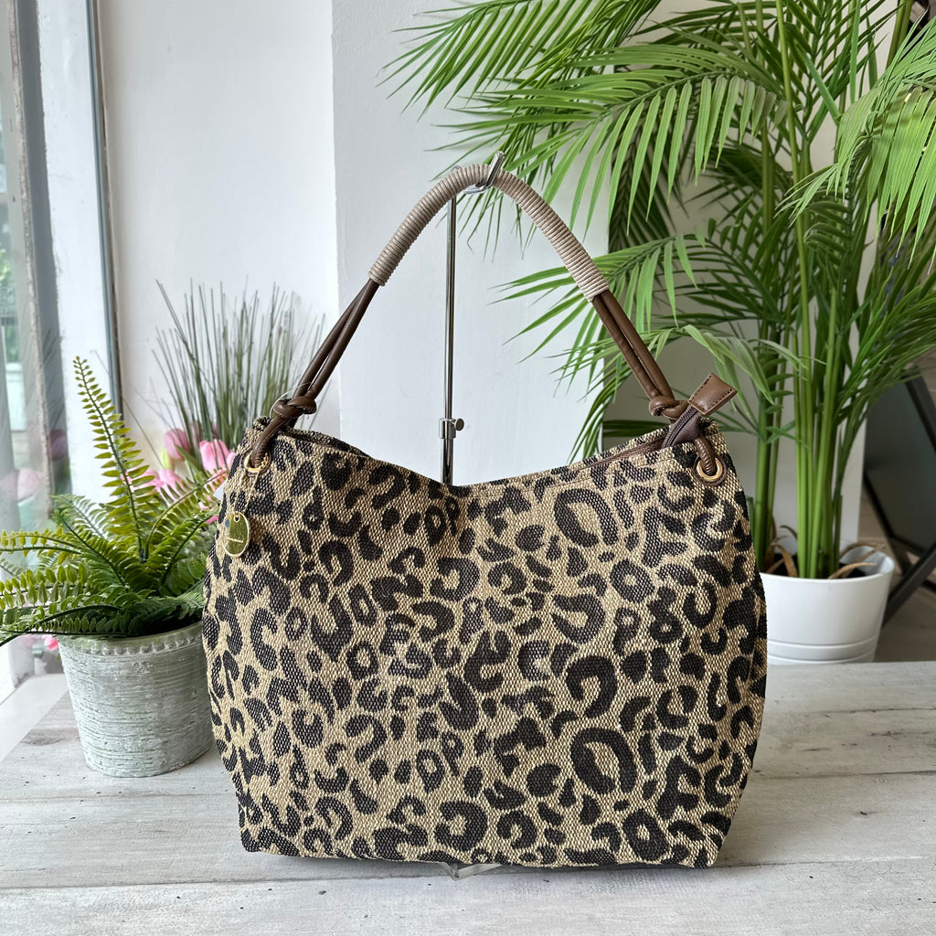 Shopping Bag a Spalla KikkiLine Tessuto Animalier Leopardato Marrone - 3