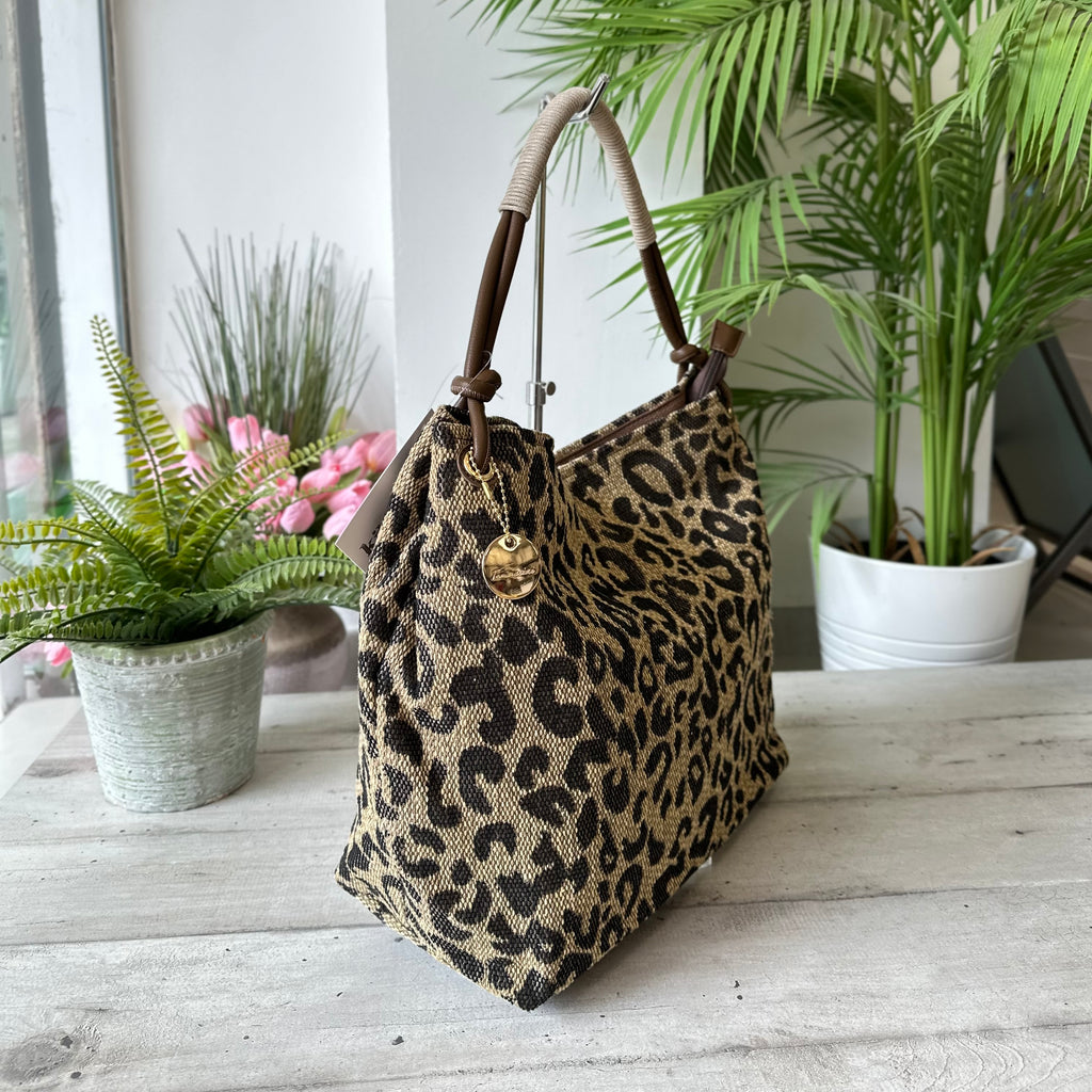 Shopping Bag a Spalla KikkiLine Tessuto Animalier Leopardato Marrone - 4