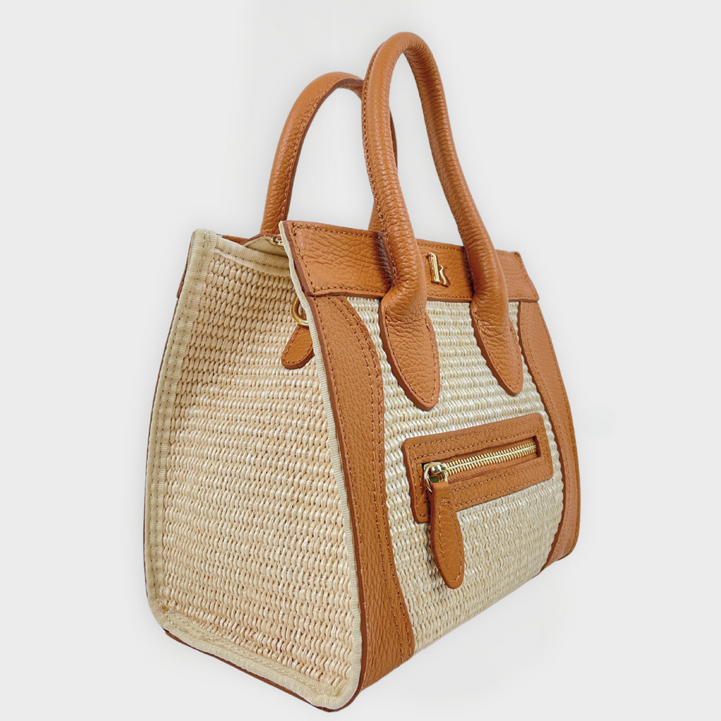 Borsa a Mano in Rafia e Pelle Marrone con Taschino Anteriore - 4