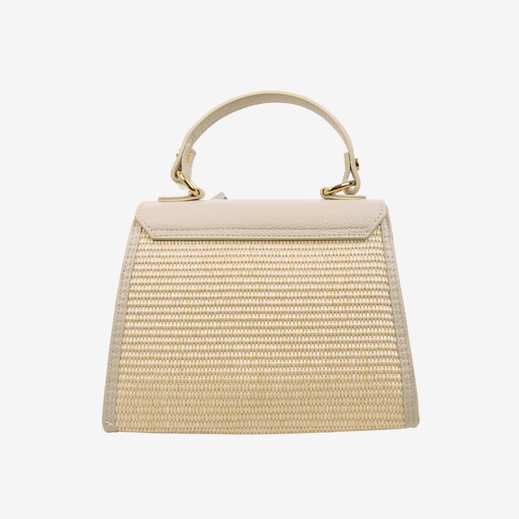 Borsa a Mano in Rafia e Pelle Beige Apertura con Chiusura a Chiave - 5