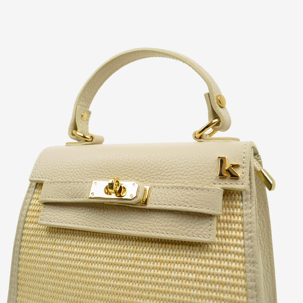 Beige Handtasche aus Bast und Leder mit Schlüsselverschluss - 3