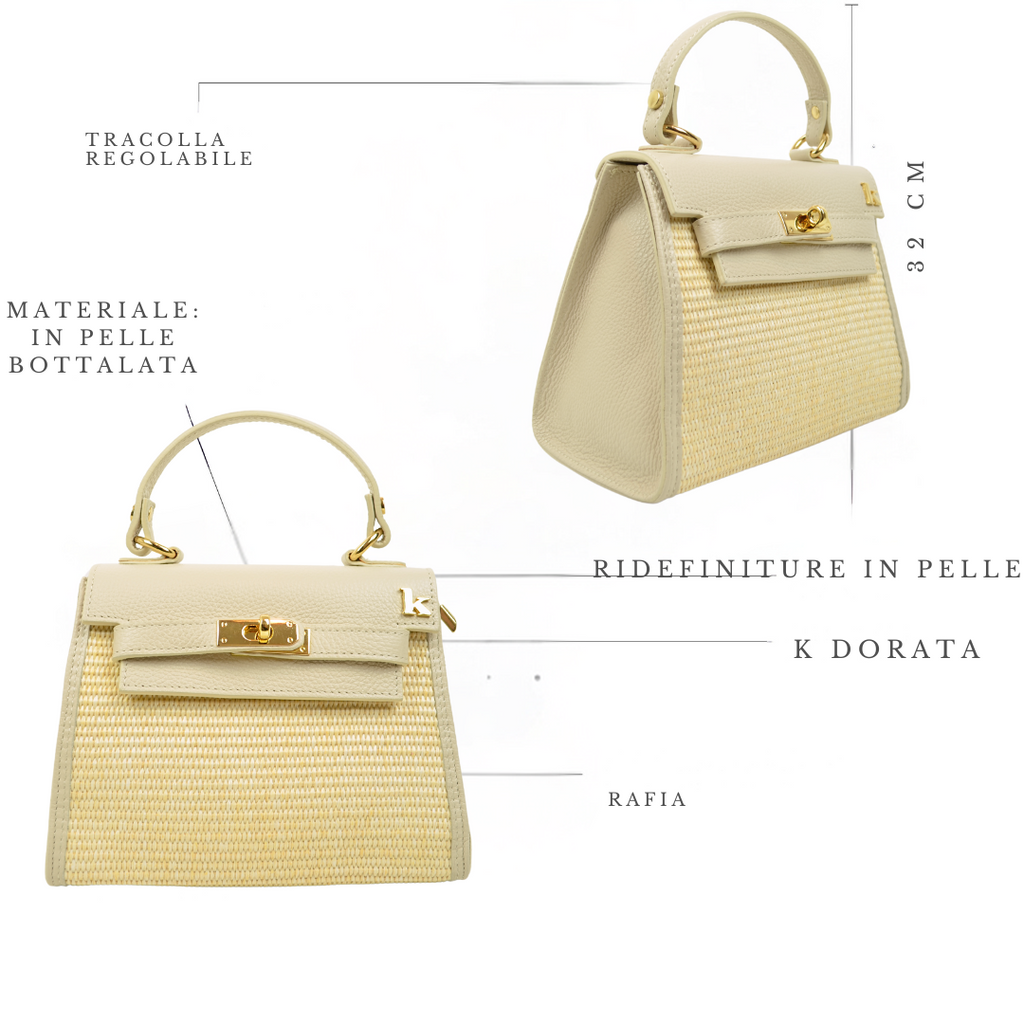 Beige Handtasche aus Bast und Leder mit Schlüsselverschluss - 4