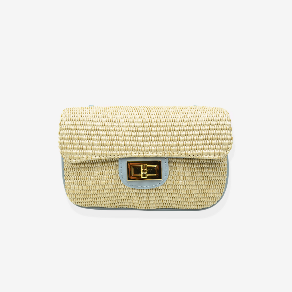 Raffia Shoulder Bag with Light Blue Leather Chain - 3