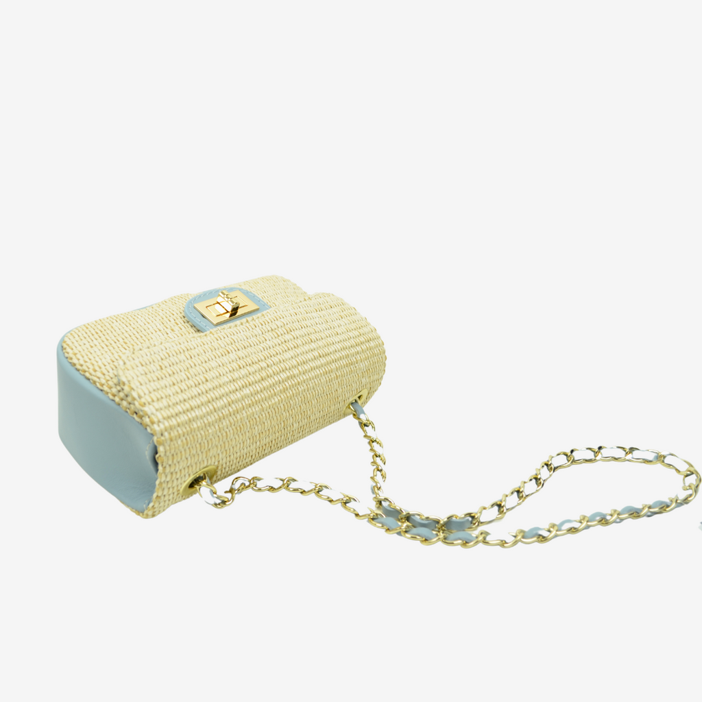 Raffia Shoulder Bag with Light Blue Leather Chain - 2