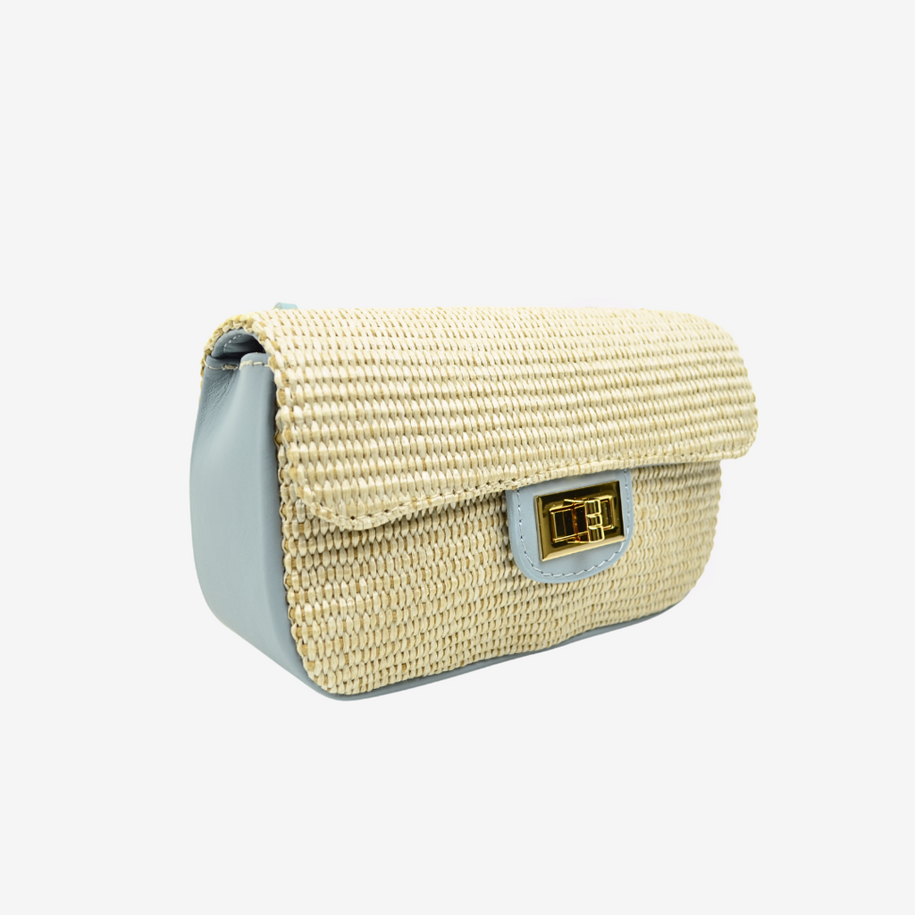 Raffia Shoulder Bag with Light Blue Leather Chain