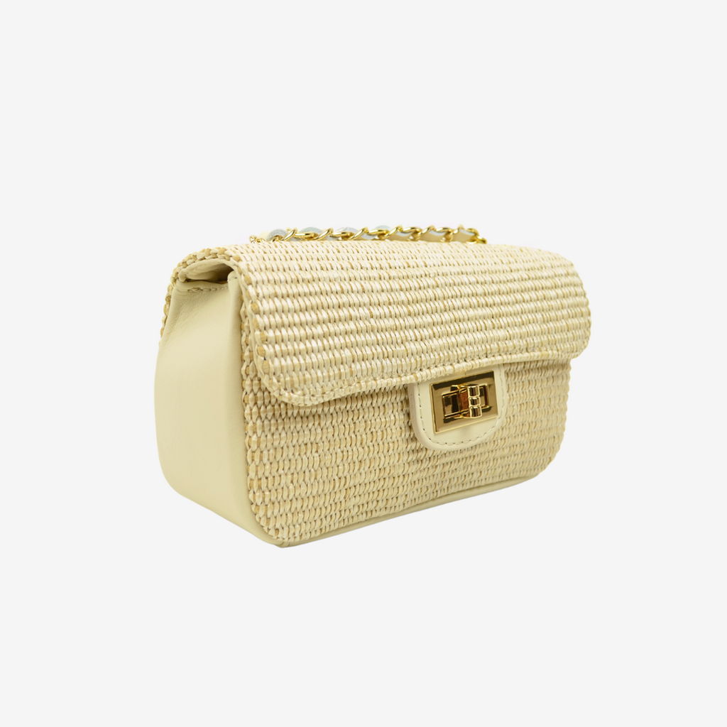 Raffia Shoulder Bag with Beige Leather Chain