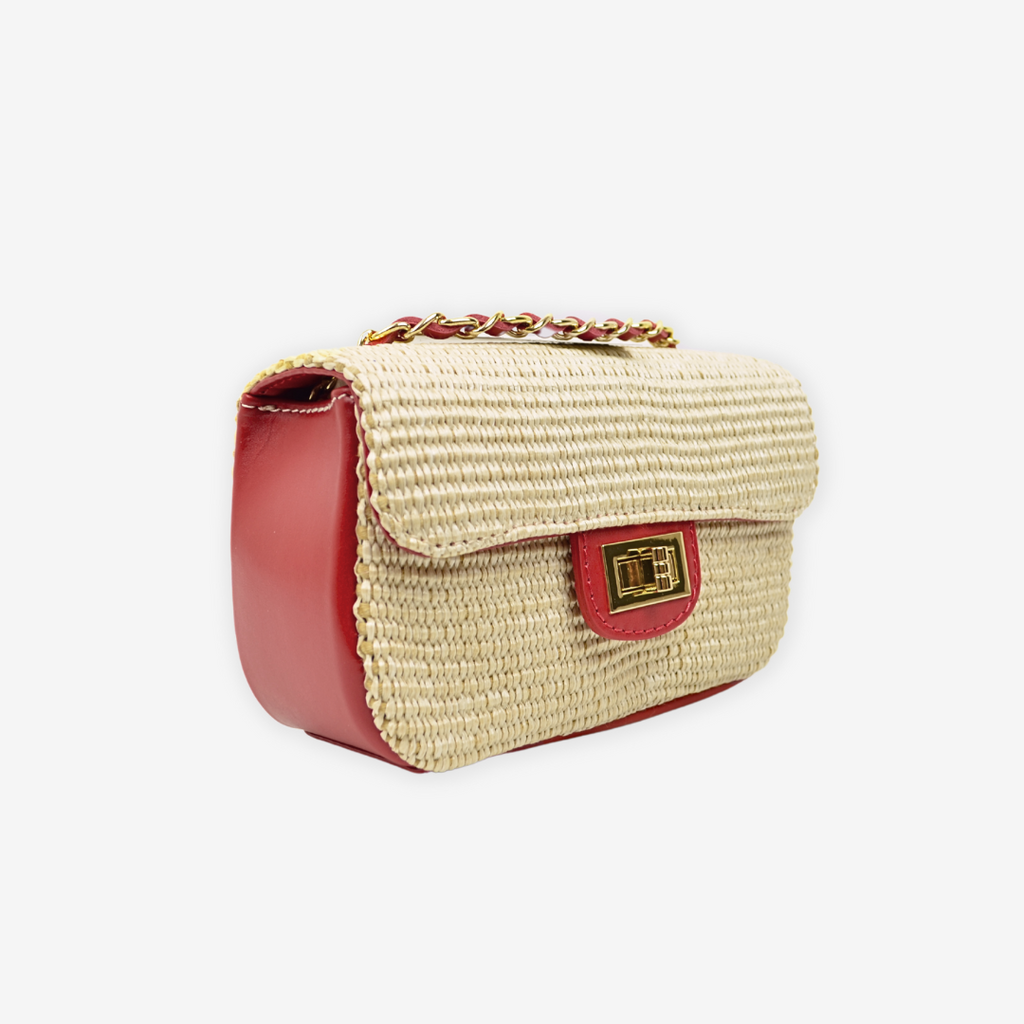 Raffia Shoulder Bag with Red Leather Chain