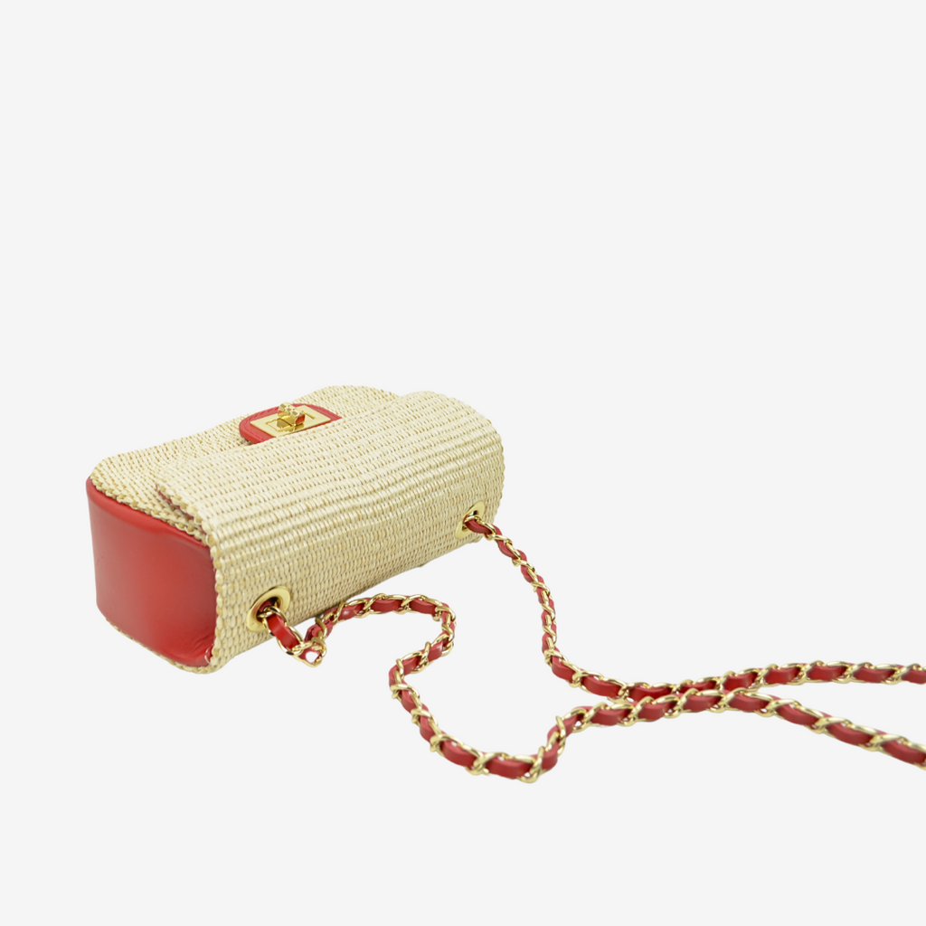 Raffia Shoulder Bag with Red Leather Chain - 3