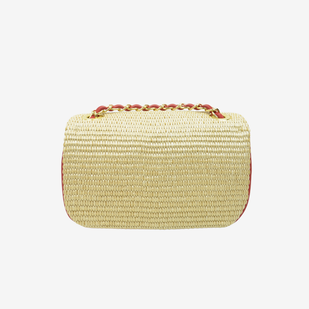 Raffia Shoulder Bag with Red Leather Chain - 5
