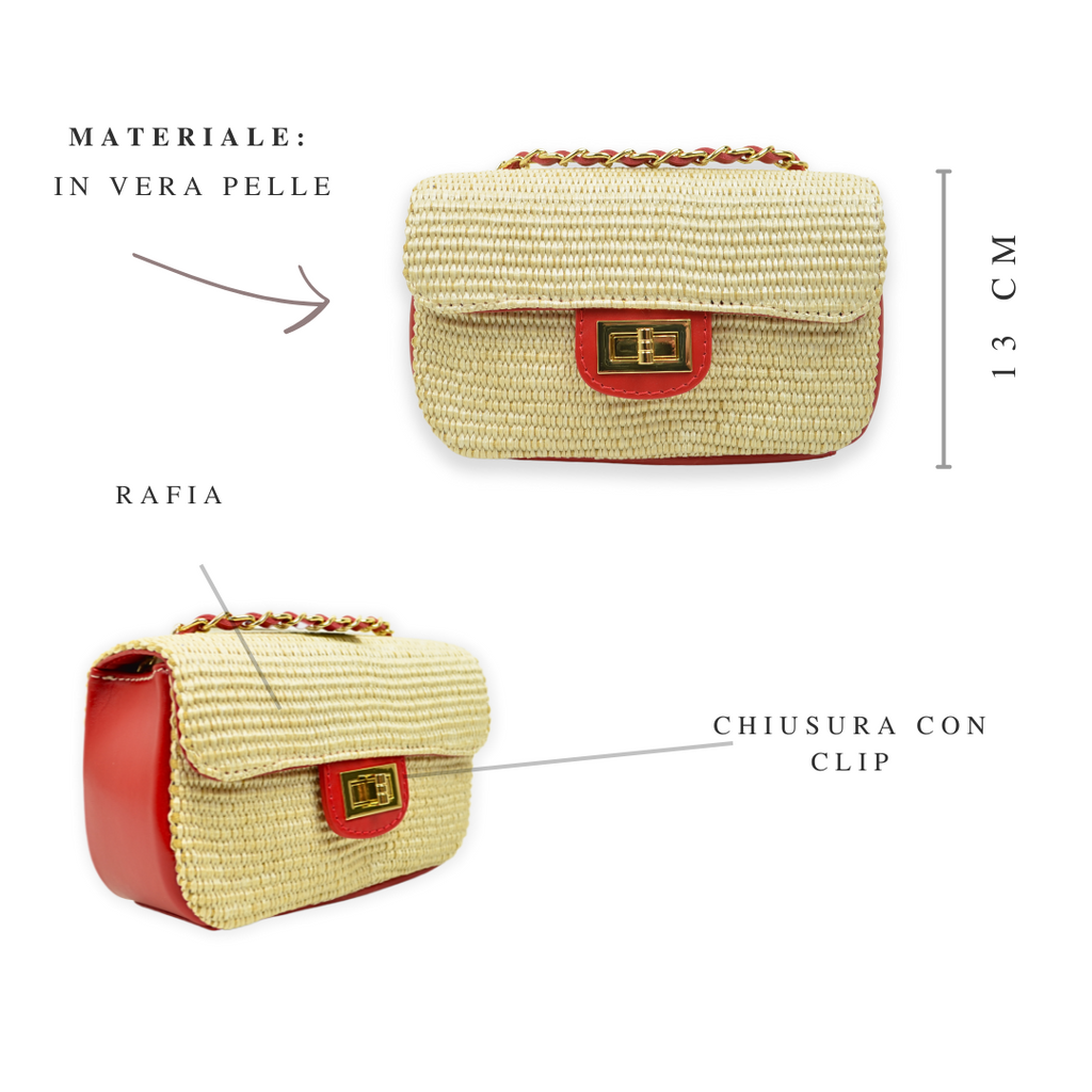 Raffia Shoulder Bag with Red Leather Chain - 6