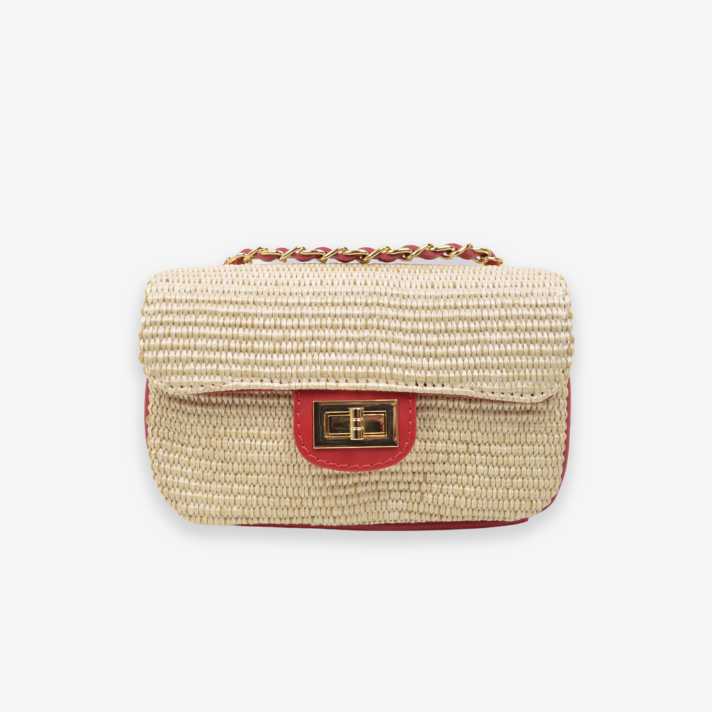Raffia Shoulder Bag with Red Leather Chain - 3