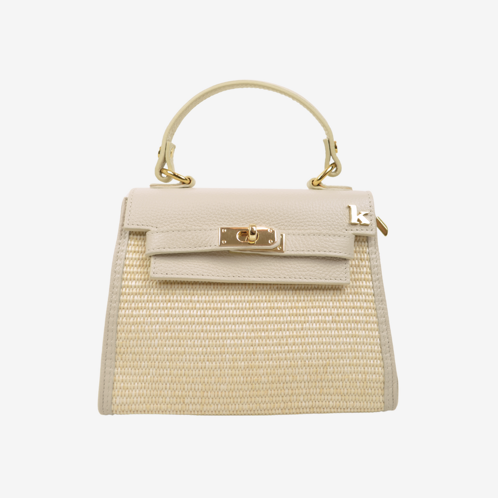 Beige Handtasche aus Bast und Leder mit Schlüsselverschluss