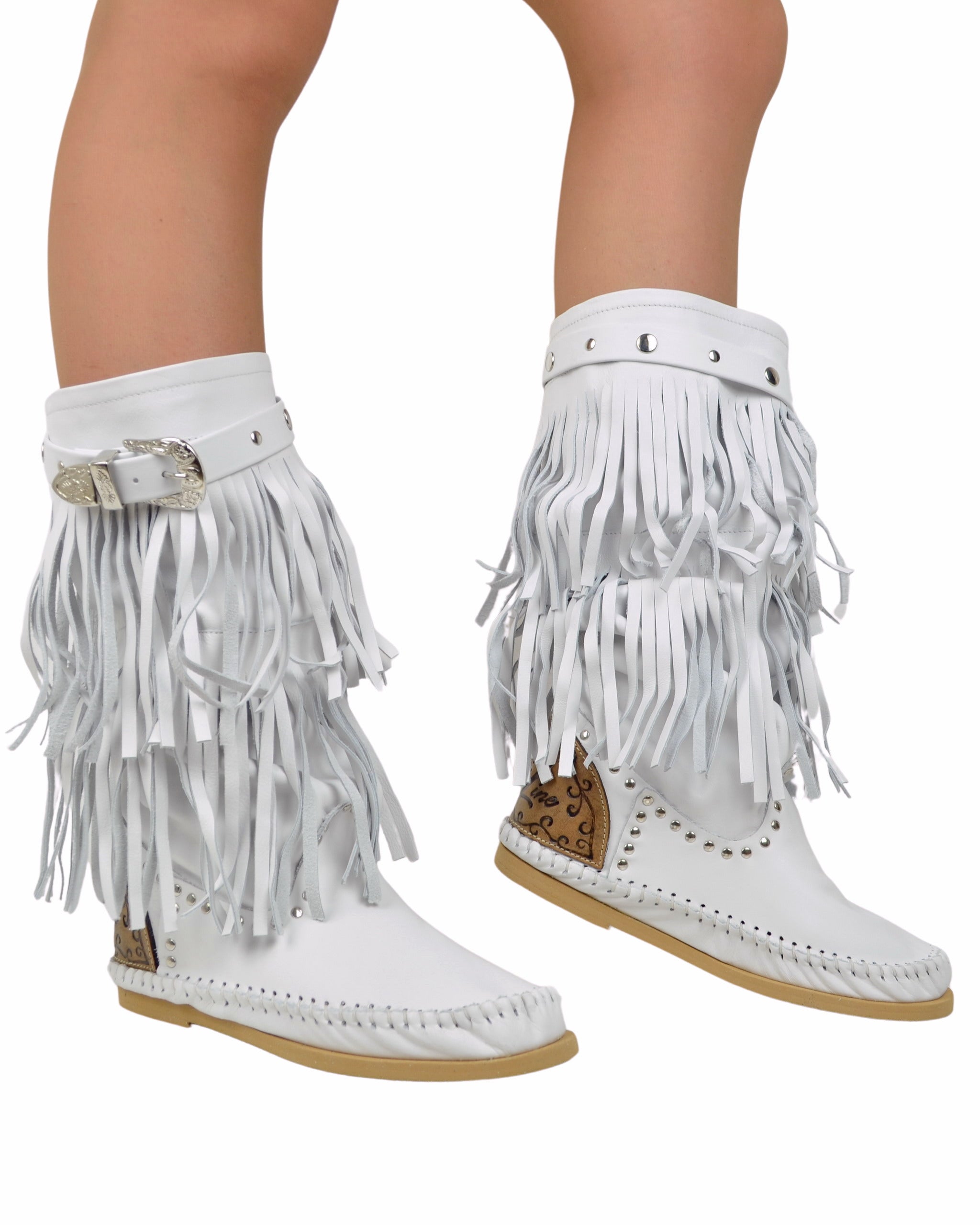 Boho Stiefel Damen Weiß Fransen Leder Made in Italy
