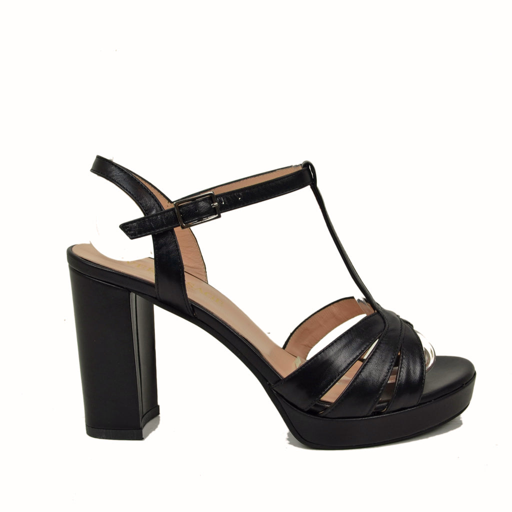 Women's Black Leather Sandals with High Heels Made in Italy - 4