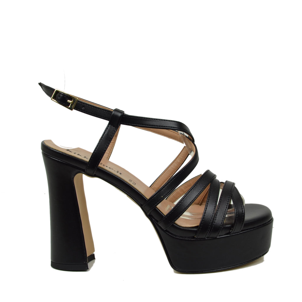 Schwarze Damen-Ledersandalen mit Absatz und hohem Plateau, hergestellt in Italien - 2