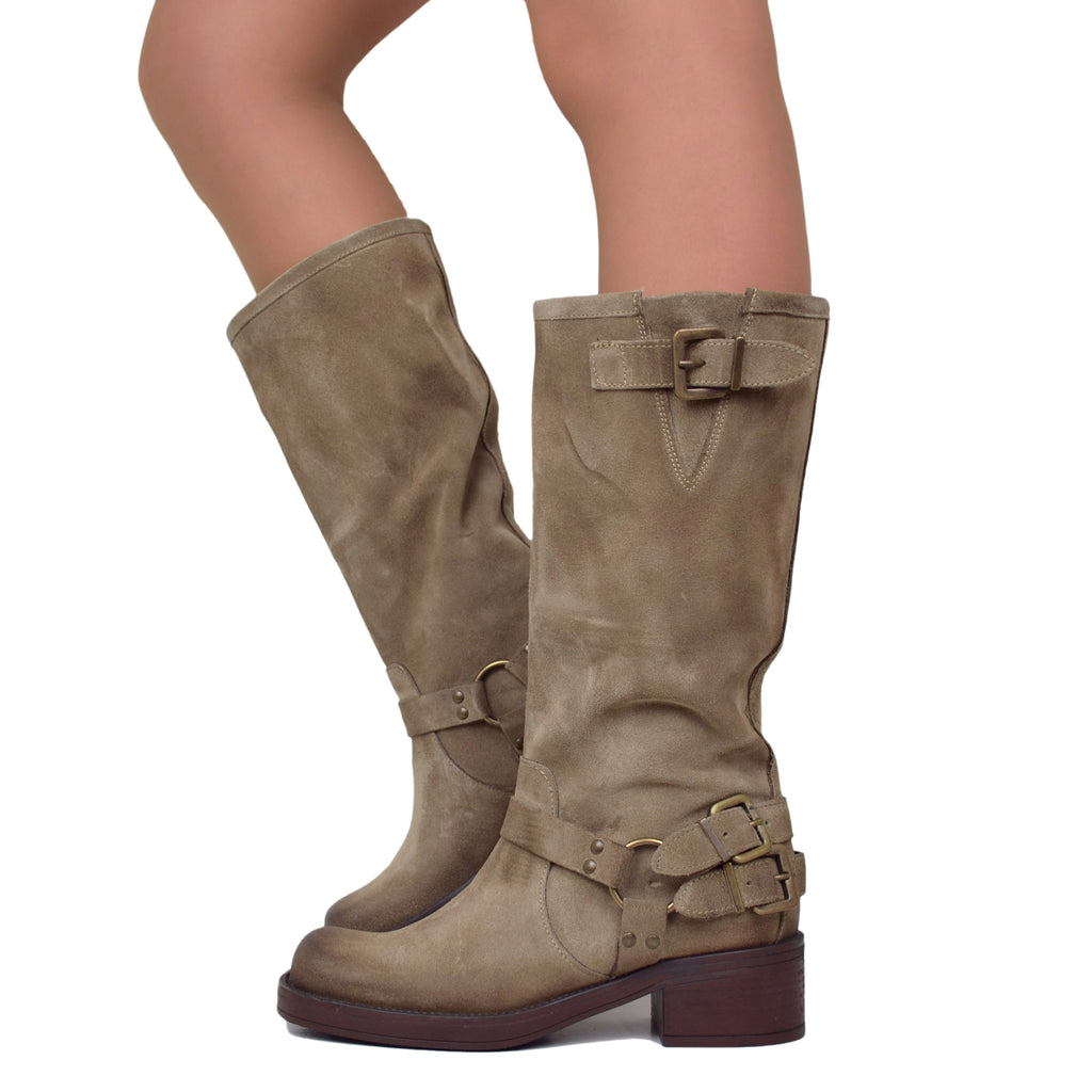 Women's Biker Boots with Square Toe Taupe in Suede