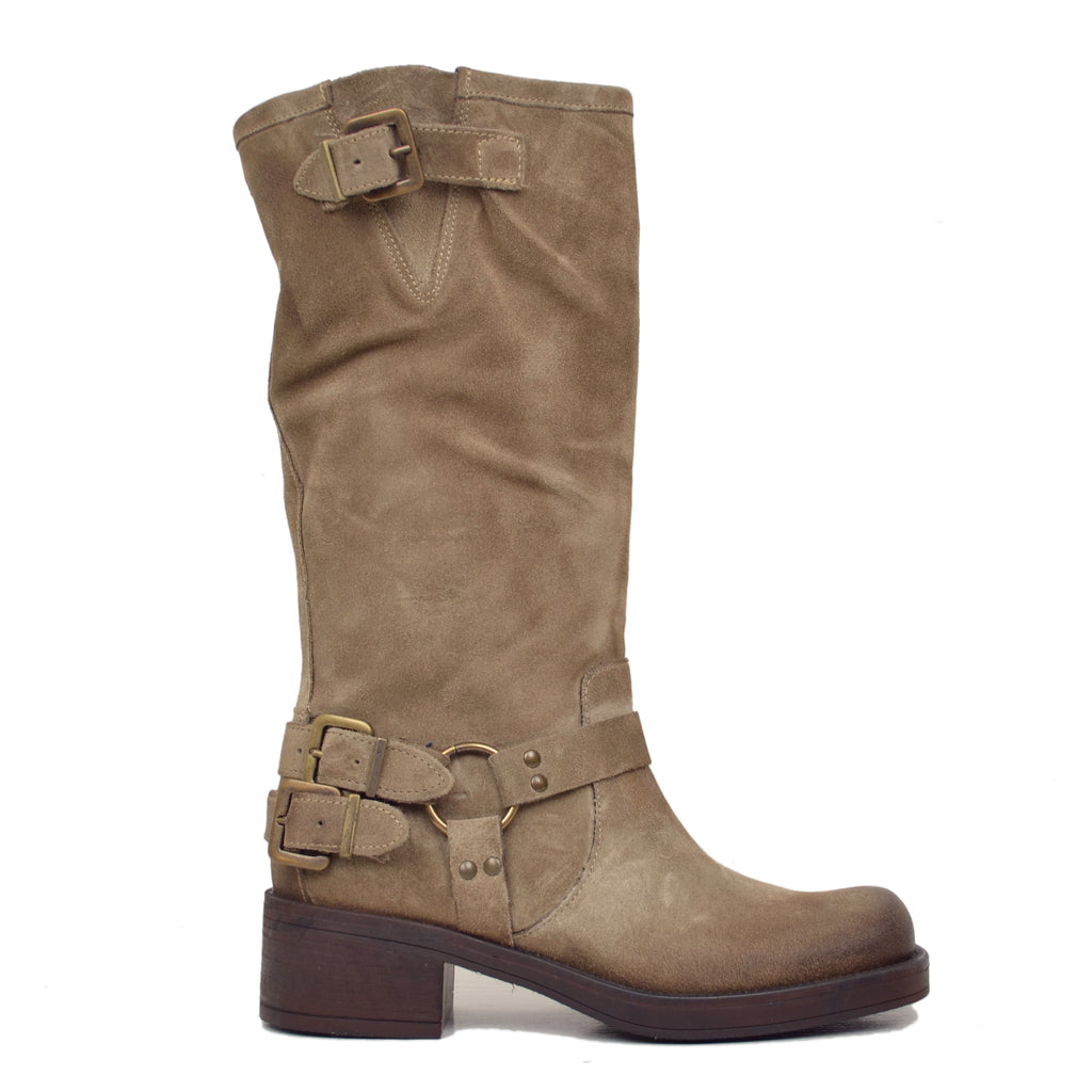 Women's Biker Boots with Square Toe Taupe in Suede - 2