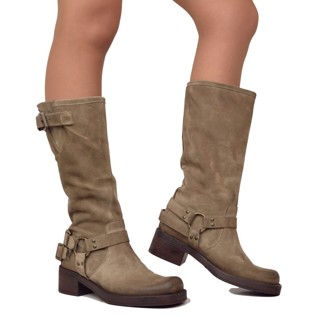 Women's Biker Boots with Square Toe Taupe in Suede - 3