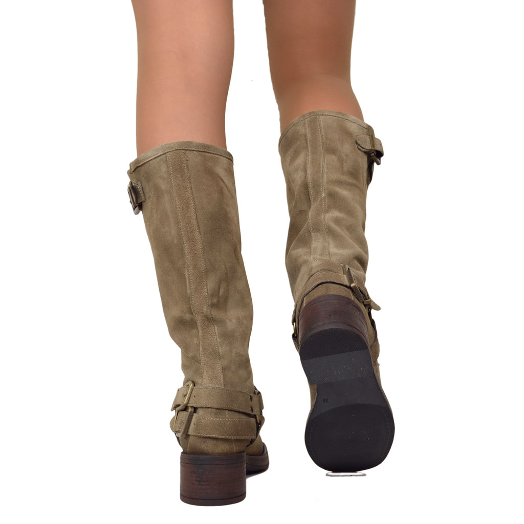 Women's Biker Boots with Square Toe Taupe in Suede - 4