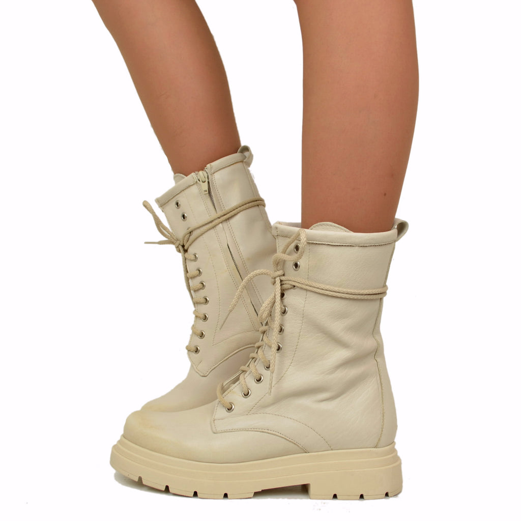 Women's Beige Amphibian Ankle Boots with Laces and Platform Bottom Made in Italy