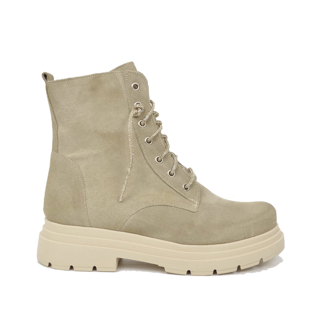 Beige Suede Biker Ankle Boots with Rhinestones and Side Zip - 2