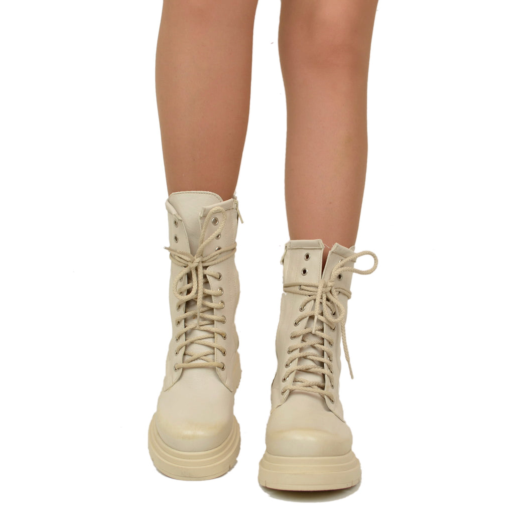 Beige Amphibian-Stiefeletten für Damen mit Schnürsenkeln und Plateausohle, hergestellt in Italien - 2
