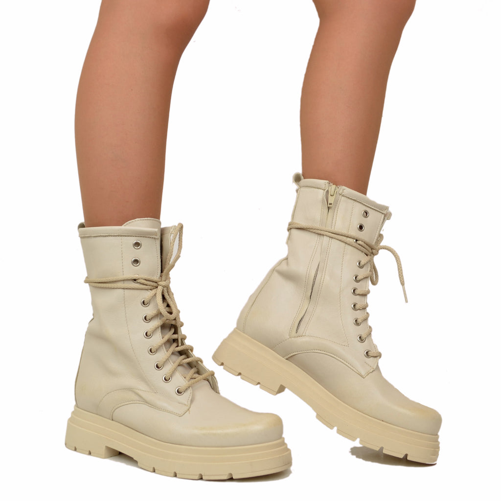 Women's Beige Amphibian Ankle Boots with Laces and Platform Bottom Made in Italy - 3