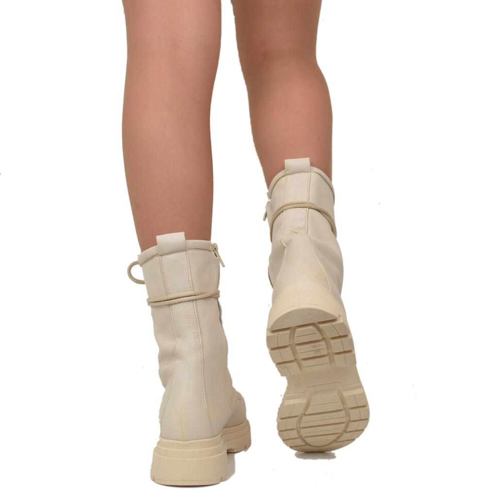 Beige Amphibian-Stiefeletten für Damen mit Schnürsenkeln und Plateausohle, hergestellt in Italien - 4