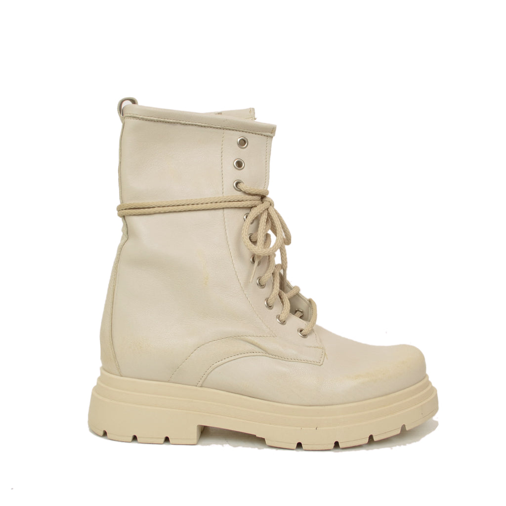 Women's Beige Amphibian Ankle Boots with Laces and Platform Bottom Made in Italy - 5