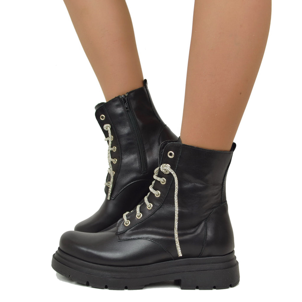 Black Biker Ankle Boots with Rhinestones and Side Zip Made in Italy