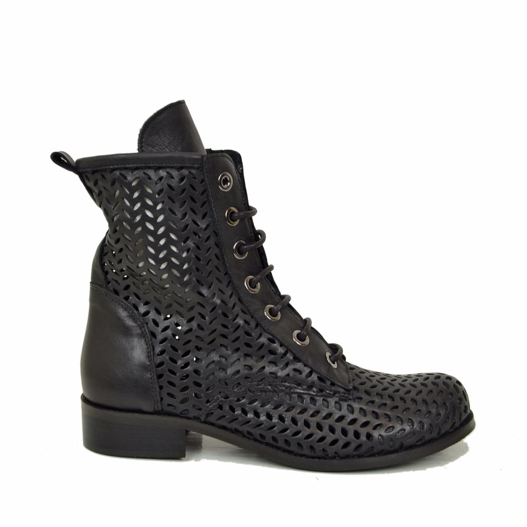 Women's Black Perforated Amphibian Ankle Boots with Laces Made in Italy - 2